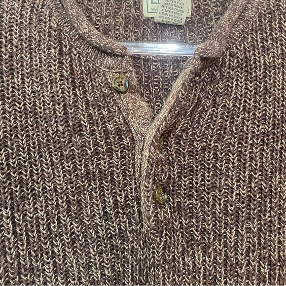Vintage LL Bean Brown Knit Cotton Button Neck Heavy Sweater - Picture 3 of 5